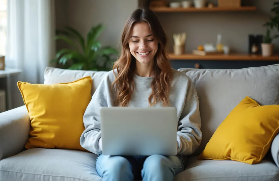 Girl sat on a sofa, looking at her laptop which is on her lap. She is taking part in an online therapy session for OCD.